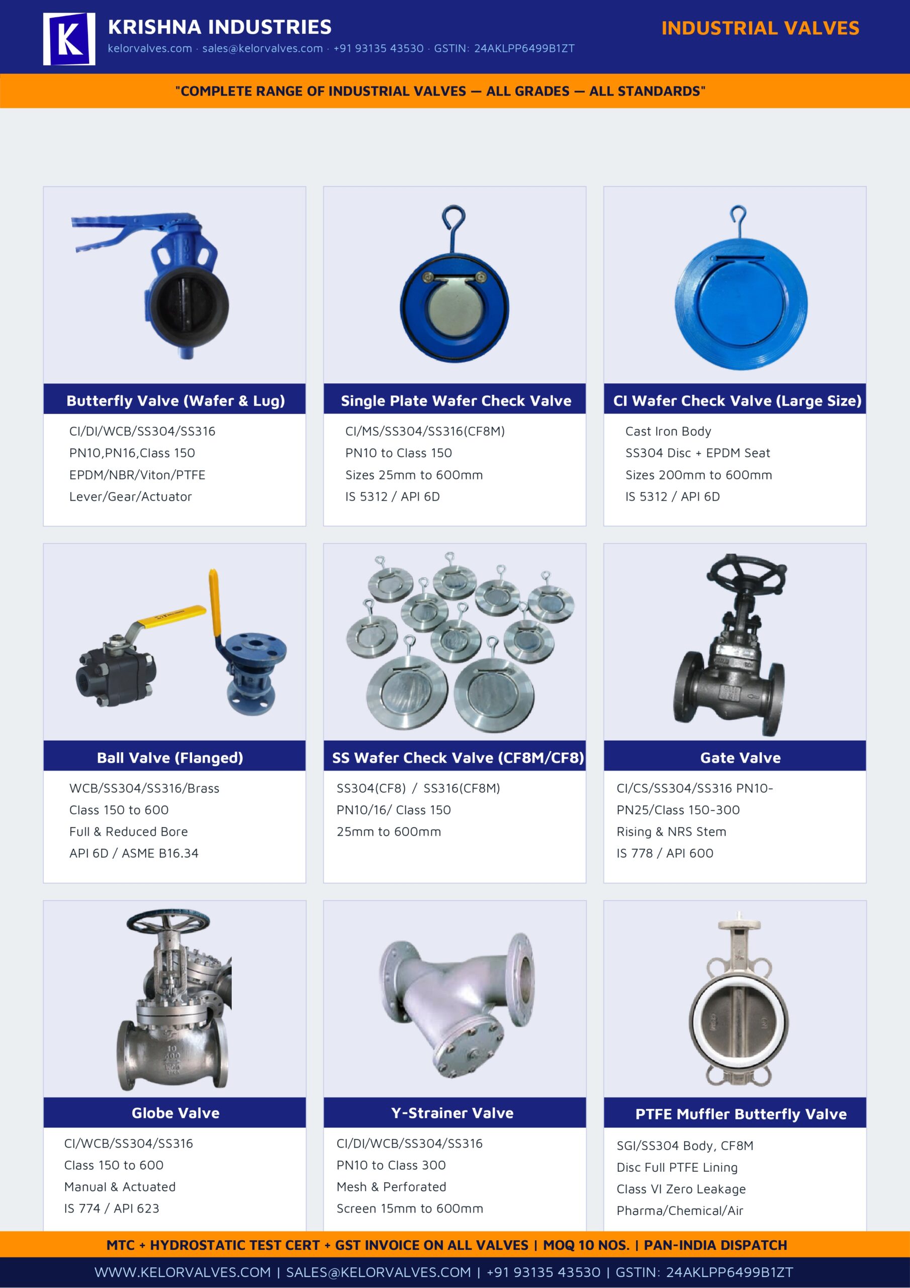 Industrial valves catalogue page — butterfly valve, check valve, ball valve Ahmedabad supplier