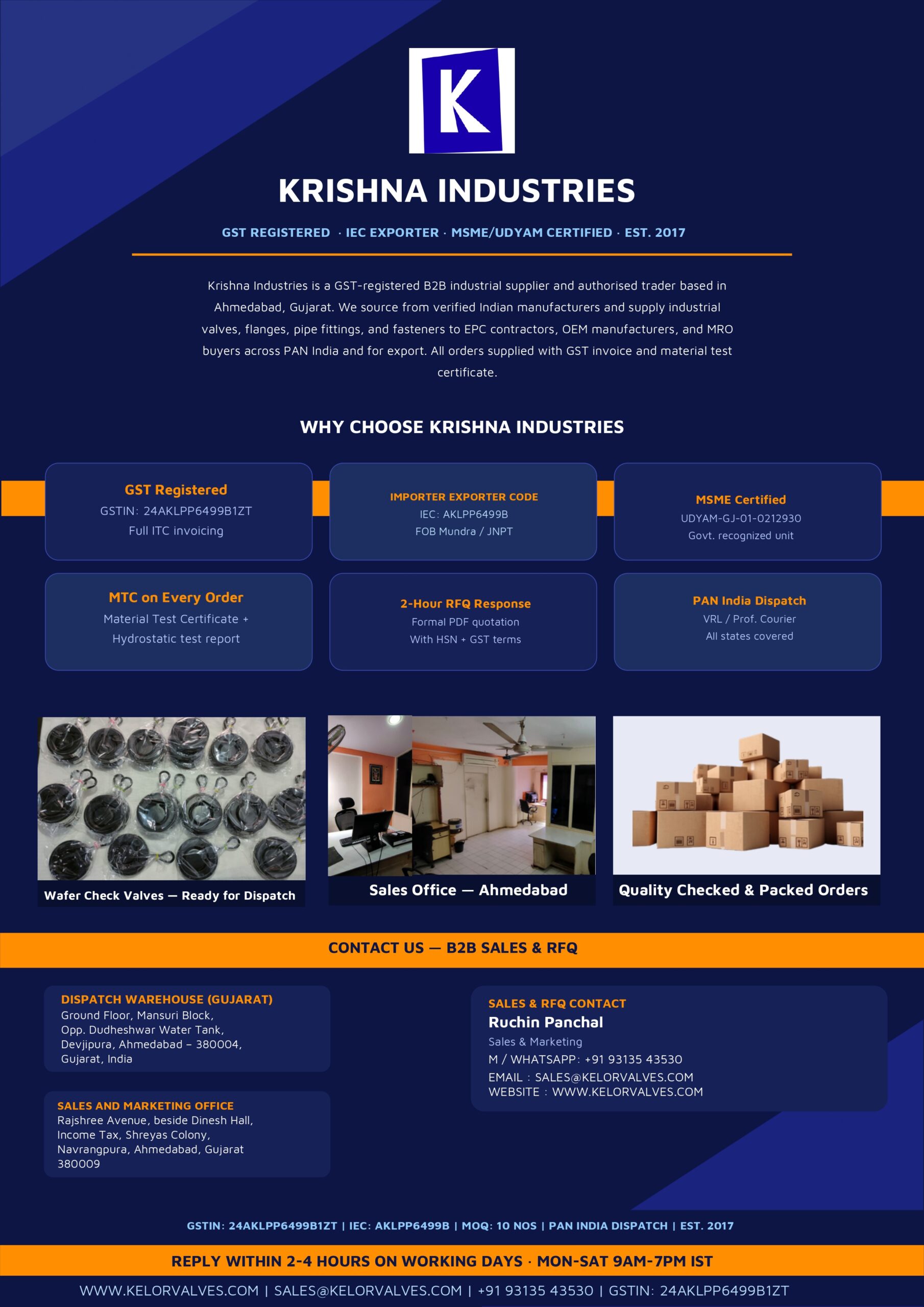 Krishna Industries KELOR company profile and contact details page — industrial supplier Ahmedabad Gujarat