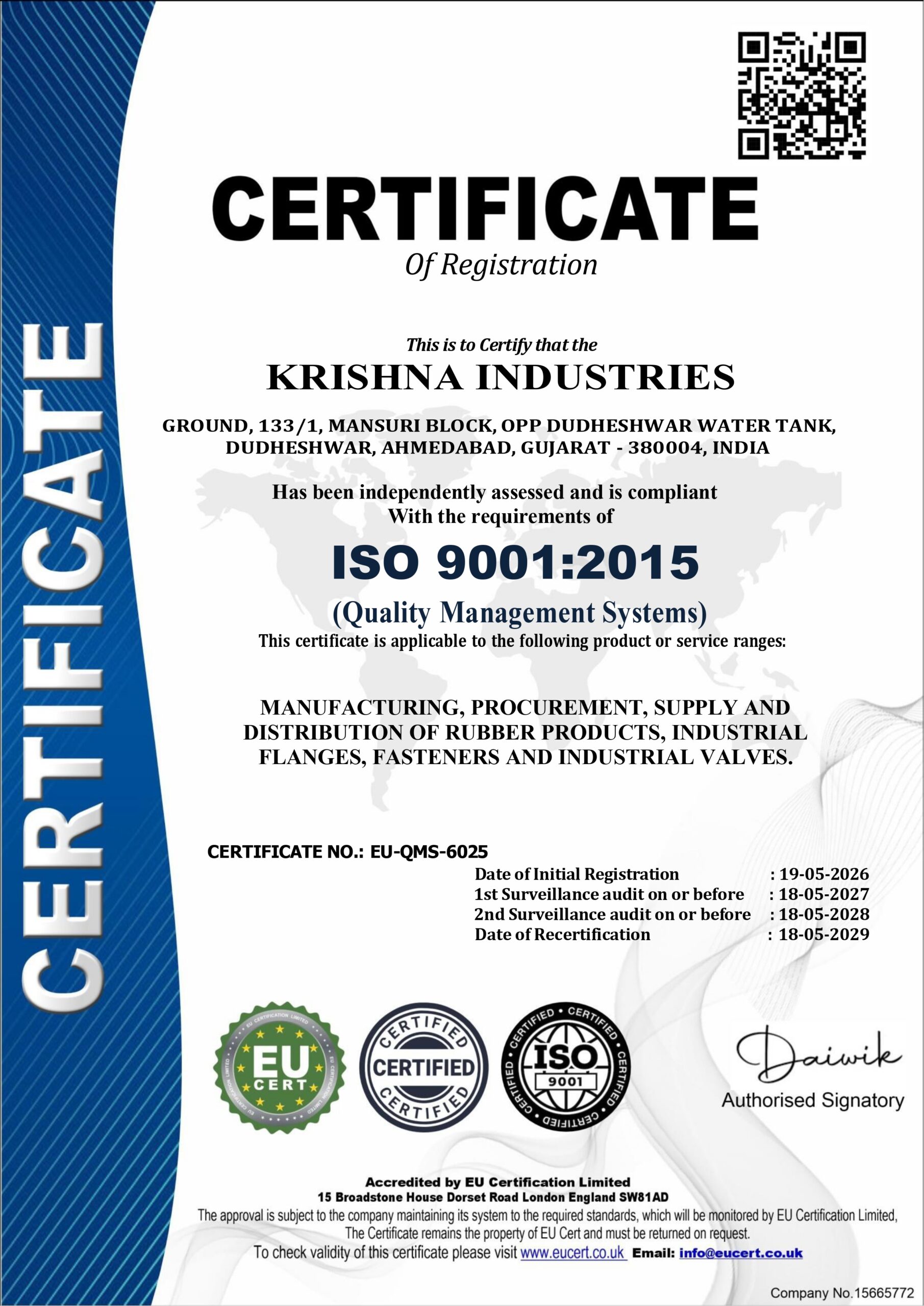 ISO 9001:2015 Quality Management System Certification — Krishna Industries KELOR