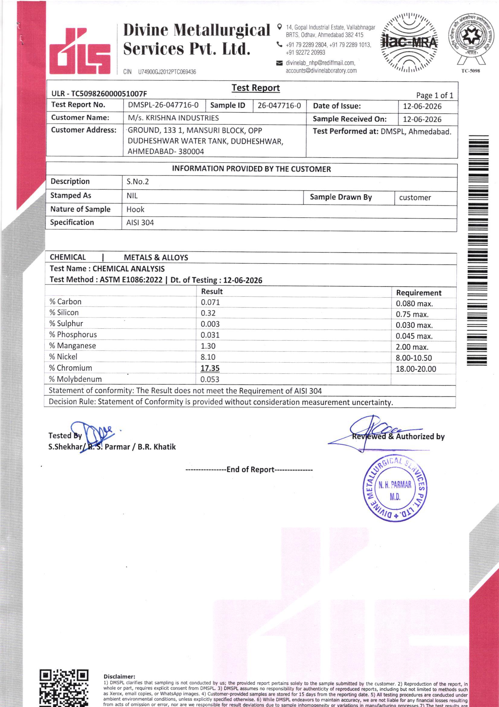 Third-party NABL-certified mill test certificate for SS304 eye bolt — chemical composition and mechanical properties verified